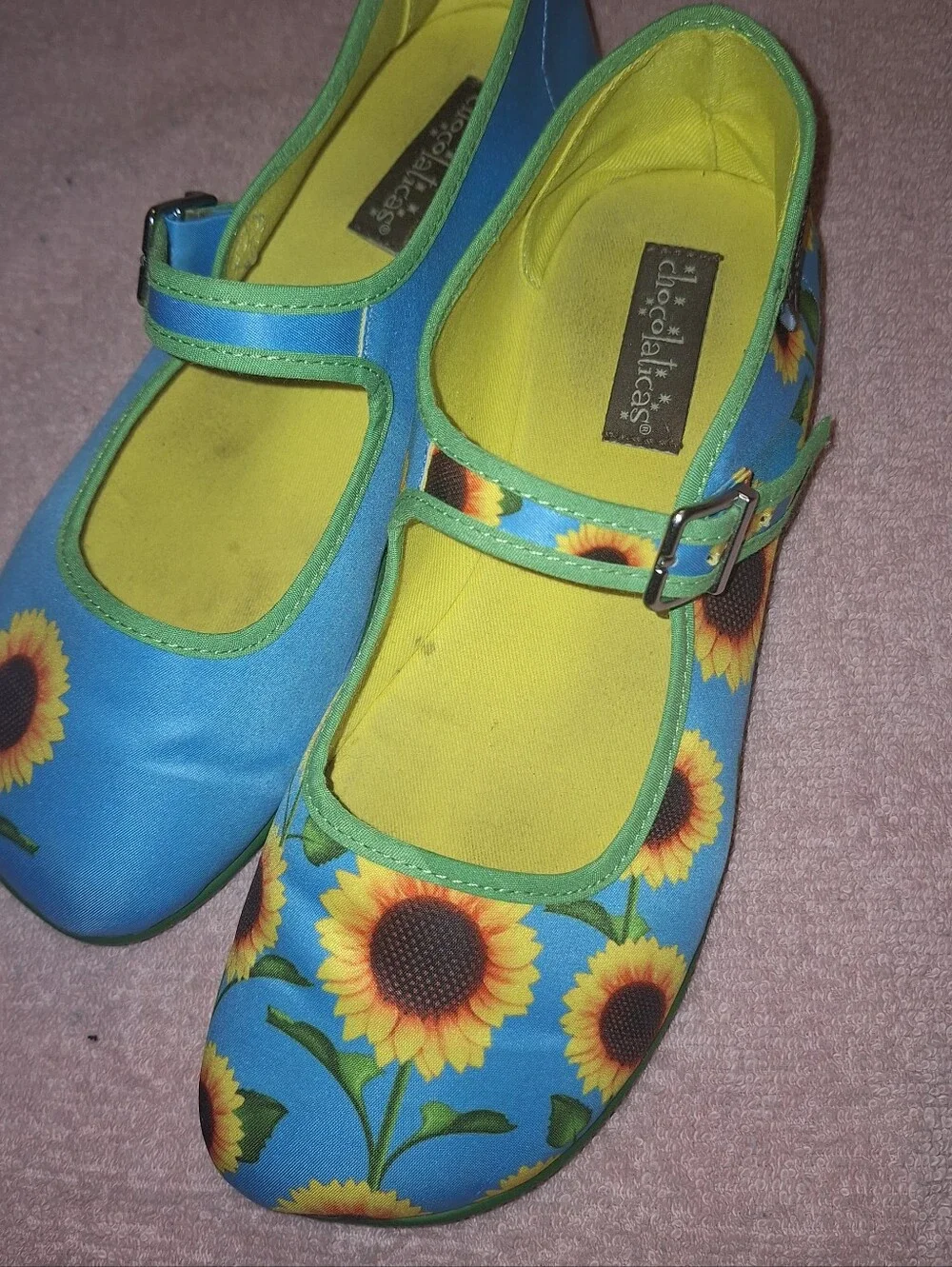 Hot Chocolates Design Blue Sunflower Mary Jane Flat Shoes